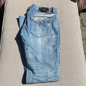 Miss Me Distressed Denim with Leather and Rhinestone Embellishment Pockets